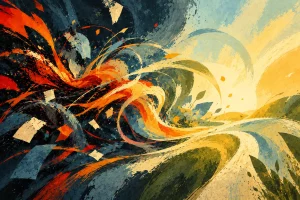 Illustration adolescence et TDAH : un tourbillon d'émotions rouges et sombres qui s'apaise vers la lumière – neurosciences et conseils pour les parents