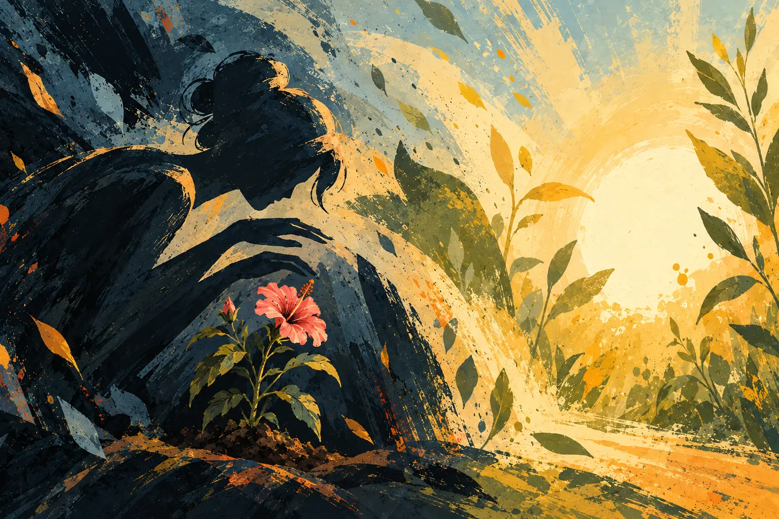 Illustration de la fable du bon jardinier : une silhouette penchée sur un hibiscus lui cache la lumière du soleil – parents hélicoptères et autonomie de l'enfant